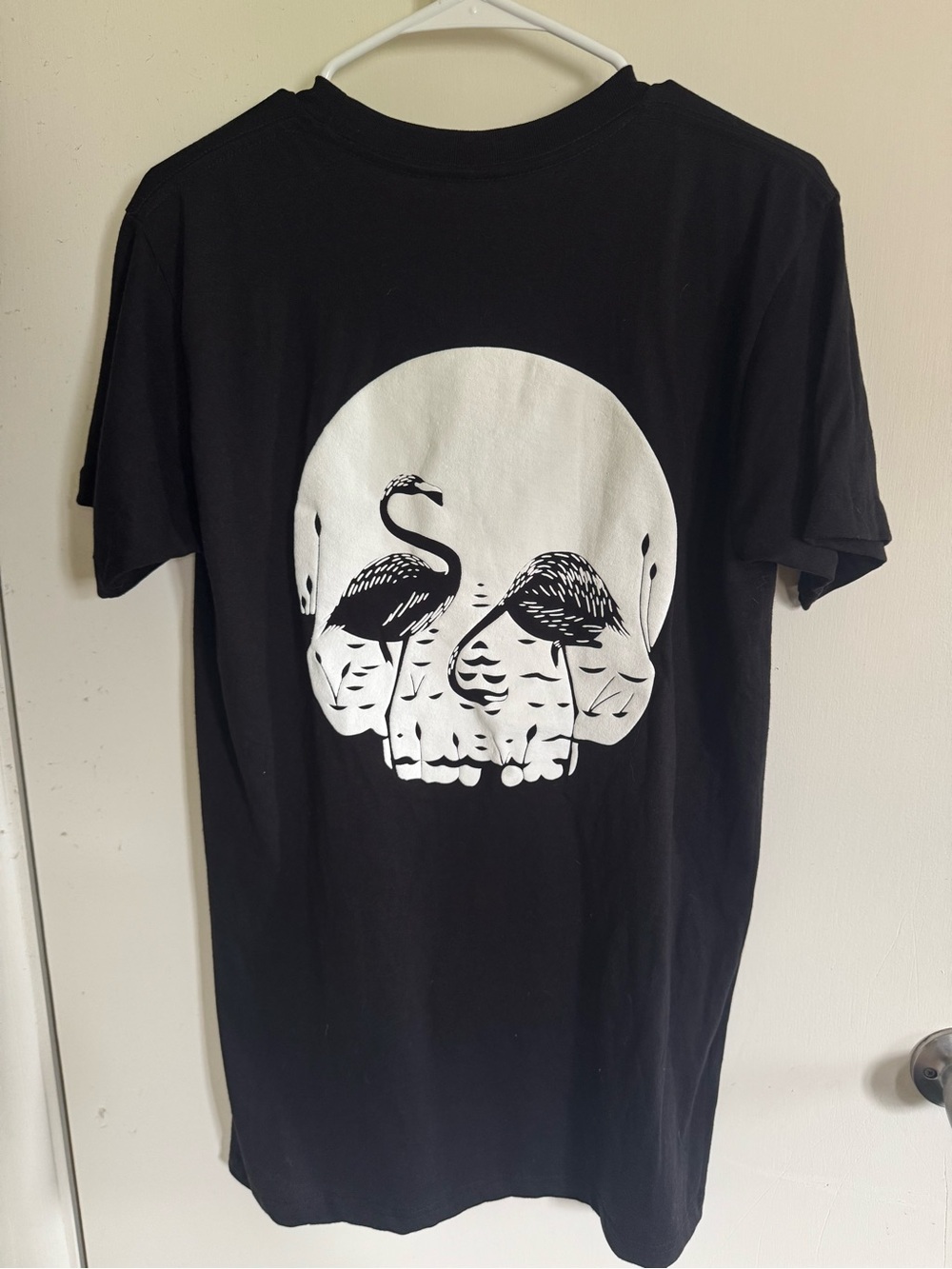 Black Graphic Short-Sleeve Tee with White Flamingo Skull Motif